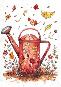 a watercolor painting of a red watering can surrounded by autumn leaves and falling leaves