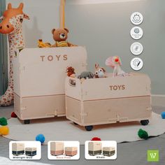 two wooden toy storage boxes with toys in them