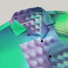 Check out this bold button-down shirt with a trendy oversized fit, that works well for outfit layering! 🌀 Abstract Gradient Teal "Softcore Vibes" Button-Down Shirt 🎶 Immerse yourself in the digital serenity of our "Softcore Vibes" turquoise Hawaiian Shirt, perfect for DJs, techno enthusiasts, and anyone who appreciates the blend of art and technology. This shirt, with its soothing teal and magenta gradients, is designed to keep you cool and stylish through the summer heat. Product Highlights: Green Spread Collar Blouse For Summer, Trendy Green Collared Shirt, Modern Blue Button-up Blouse, Trendy Green Shirt With Buttons, Trendy Shirt With Lapel Collar For Summer, Modern Blue Button-up Shirt, Futuristic Streetwear, Outfit Layering, Dj Techno