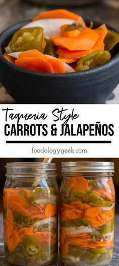 jars filled with carrots and jalapenos sitting on top of a table