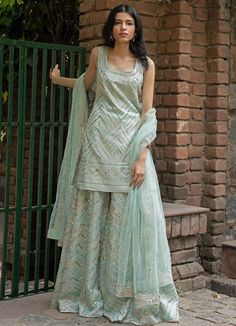 Mint Green Organza Sharara Set Angad Singh - Fabilicious Fashion Sharara Outfits, Organza Sharara, Green Sharara, Organza Kurta, Sharara Designs, Sharara Pants, Kurta Sharara Set, Palazzo Suit, Vacuum Storage