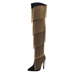 Black Faux Suede High Heel Boots With Gold Charm. Chic Gold Knee-high Boots For Evening, Chic Party Over The Knee Heeled Boots, Chic Over-the-knee Heeled Boots For Party, Chic Party Over-the-knee Heeled Boots, Chic Over-the-knee Party Heeled Boots, Chic Over-the-knee Boots For Party, Chic Fitted Gold Knee-high Boots, Chic Gold Fitted Knee-high Boots, Chic Black Boots With Fringe