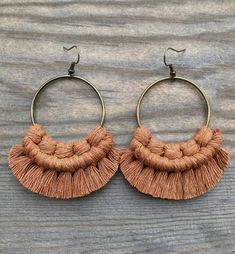 This pair of beautiful macrame earrings were hand knotted and fringed at the edges with super soft mustard yellow colored cotton cord. These are surprisingly lightweight to wear and have nickel free antique bronze earring wires. Each round shaped earring is 3 inches long and about 2 inches wide. Be sure to check out the rest of my micro-macrame jewelry in the shop! Types Of Earring, Brown Fringe, Cinnamon Color, Hemp Jewelry, Brown Earrings, Types Of Earrings, Bronze Earrings, Earring Wires, Macrame Earrings