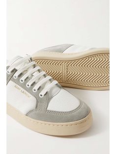 SAINT LAURENT SL/61 leather and suede sneakers | NET-A-PORTER Net A Porter Sneakers, Ysl Sneakers, Saint Laurent Shoes, Suede Lace, Suede Sneakers, Gray Suede, Soft Suede, Net A Porter, White Leather