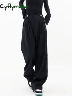 Cyflymder- Casual Wide Leg Pants Black / Xs Fitted High Waist Cargo Pants With Button Closure, Black Casual Dress Pants With Button Closure, Casual Black Dress Pants With Button Closure, Fitted High-waisted Cargo Pants With Button Closure, Baggy Full-length Bottoms For Workwear, Black Button Zip Fly Bottoms For Work, Black Bottoms With Button Zip Fly For Work, Black Workwear Bottoms With Button Zip Fly, Solid Straight Leg Dress Pants With Buttons