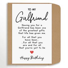 a card with the words to my girlfriend on it