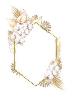 a watercolor painting of flowers and leaves in a hexagonal frame on a white background