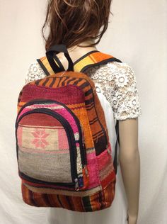 "Kilim Backpack,canvas backpack, Kilim canvas back pack ,Orange, Red Green,Snowflake Zip closure Paisley Fabric lined interior two exterior front zip close pockets PLEASE SEE MEASUREMENTS Measures: W 15\" x H 16\" x Depth 7\" Straps: full length 32\" Excellent condition: looks unused. BL263 Kilim Backpack,canvas backpack, Kilim canvas back pack ,Orange, Red Green,Snowflake" Orange Backpack For Daily Use, Orange Rectangular Backpack For Daily Use, Orange Backpack With Adjustable Strap, Casual Orange Backpack, Casual Orange Standard Backpack, Orange Rectangular Travel Backpack, Casual Red Bags For Trips, Rectangular Orange Backpack For School, Canvas Rucksack