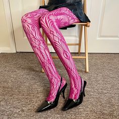 - Rose fishnet tights with Floral patterns  - Rose Coloured Patterned Tights - Shipped from England - Comfort and Stretchy  - One Size (Fits UK 4-16) - Model is UK size 6-8 - Free Shipping across the UK, Ships Monday to Friday  - Message me for bundle discounts - #fishnets #tights #socks #y2k  #freeshipping Pink Stretch Thigh High Legwear, Pink Stretch Thigh-high Legwear, Fitted Pink Footless Tights, Pink Stretch Footless Legwear, Fitted Footless Pink Tights, Fitted Pink Hosiery For Party, Pink Stretch Thigh-high Stockings, Pink Stretch Hosiery For Party, Purple Stretch Hosiery For Party