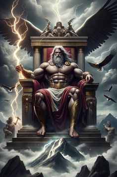 the god sitting on top of a throne surrounded by birds and lightning in the sky