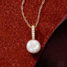 Ross-Simons - 6-6.5mm Cultured Pearl Pendant Necklace, Diamond Accents. 18". RS Pure. Create the perfect layered look with chic, modern jewelry. On a simple rope chain, a luminous 6-6.5mm cultured freshwater button pearl dangles from a glittery diamond-accented bale. Add this pretty pearl necklace to all your go-to tiers! Crafted in polished 14kt yellow gold. Includes 2" extender. Springring clasp, white pearl pendant necklace. Pearl birthstones are the perfect gift for June birthdays. Pendant Necklace Diamond, Pearl Diamond Pendant, Necklace With Diamond, Pearl Birthstone, Small Necklace, Necklace Diamond, Yellow Gold Jewelry, Necklace Pearl, Pearl Pendant Necklace