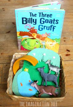 the three billy goats'groff book and stuffed animals in a cardboard box