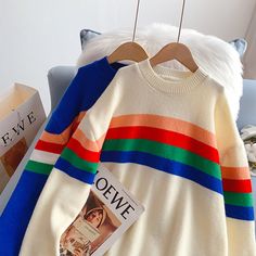 Style: commuting Size: one size Color: off white, blue, green College Sweater, Loose Pullover Sweater, Striped Knitted Sweater, Loose Pullover, Striped Sweater, Stripe Sweater, Vneck Sweater, Pullover Sweaters, White Blue