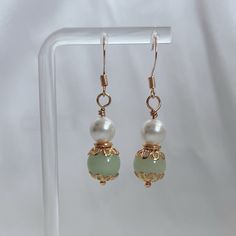 - Jade Color Amazonite & Shell Coated Pearl Earrings - Earring Hooks And Gold Metals Are 18k Gold Plated - Handmade By Seller Pearl Jade Earrings, Handmade Jade Earrings, Pearl Earrings Designs, Natural Pearl Jewelry, Homemade Earrings, Diy Jewelry Earrings, Jade Color, Wire Wrapped Jewelry Tutorials, Color Earrings