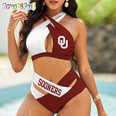 Oklahoma Sooners Women Bikini Set Sporty Bikini Sets Introducing our Bikini Suit Set, the ultimate blend of style and comfort for beach days. Crafted from high-quality materials, it offers a flattering fit and excellent support. With chic designs and vibrant colors, our bikini sets ensure you stand out by the water. Elevate your swimwear collection with our Bikini Suit Set, designed to make a splash wherever you go.   Tailored for the trendsetting individual inspired by:   Photos Of Ok T-back Swimwear For Water Polo And Beach Season, T-back Tankini For Beach Season Sports, T-back Swimwear For Water Polo, White Triangle Top Swimwear For Sports, Water Polo T-back Swimwear For Beach Season, Oklahoma Sooners Football, Swimsuit Design, High Waisted Swim, Oklahoma Sooners