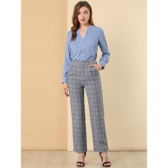 These pants are essential for dressing up or down. Lightweight fabric, covered in a plaid pattern, shapes these trendy trousers with a high-rise fit. How it is a bit high waist and how it gathers at the waist adding shape to the body. You may love everything about these trousers, from their regular fit to the elastic high-waist, which could double as a hiding mechanism for women with love handles. Style these trousers with a crop top and heels for the ultimate look. This fashionable and trendy c Fall Office Lady Pants For Workwear, High Waist Bottoms For Office In Fall, Elegant Plaid Pants For Office, Plaid Business Casual Pants With Pockets, Plaid Pants With Pockets For Business Casual, Elegant Plaid Pants For Workwear, Plaid Straight Pants For Office, Plaid Trousers For Office, Casual Plaid Pants For Work