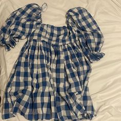 Blue, White, Mini Dress, Size Small, Good Condition, Never Worn. Blue Plaid Dress For Spring Day Out, Blue Plaid Mini Dress For Spring, Spring Blue Plaid Cotton Dress, Blue Mini-length Plaid Dress For Spring, Blue Mini Length Plaid Dress For Spring, Casual Blue Plaid Mini Dress, Blue Plaid Dress For Spring Picnic, Fitted Blue Plaid Dress For Spring, Summer Gingham Plaid Dress With Puff Sleeves