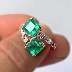 2CT Colombian Real Green Emerald Wedding Bypass Ring 14K Yellow Gold Finish  | eBay Asscher Cut Diamond Ring, Bijoux Art Nouveau, Emerald Ring Vintage, Asscher Cut Diamond, Bypass Ring, Diamond Cocktail Rings, Asscher Cut, Emerald Jewelry, Square Cut