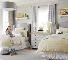 Girls Bedroom Grey, Bed Lighting, Shared Girls Room, Shared Girls Bedroom, Shared Bedroom, Twin Bedroom, Girl Bedroom Designs, Shared Bedrooms