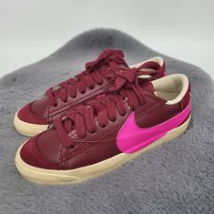 New Nike Women's Blazer Low '77 Jumbo 'Team Red Pink Prime' Shoes Brand New Size 10 Opting For A Low Top Construction That Is Ideal For The Warm Summer Season, This Nike Blazer Low Gets Covered In Burgundy All Over The Leather Construction On The Upper Along With Suede Detailing On The Toes And Heels. For A Bright Contrast We See The Addition Of Jumbo Hot Pink Swooshes On The Side Panels As Well As The Nike Branding On The Heels, Tongues, And Insoles. Black Nike Branding On The Tongues And An Ag Red Nike Skate Shoes With Vulcanized Sole, Burgundy Low-top Sneakers, Nike Burgundy Low-top Sneakers, Red Retro Custom Sneakers With Round Toe, Retro Red Custom Sneakers With Rubber Sole, Red Retro Sneakers With Rubber Sole, Retro Red Sneakers With Rubber Sole, University Red Leather Low-top Custom Sneakers, Red Retro Skate Shoes With Rubber Sole