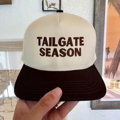 Tailgate Season Embroidered Hat Brown/Cream Cap 5 Panel Structured Snap Adjustable Back Cream Snapback Hat One Size, Cream Hat With Embroidered Logo, One Size Fits Most, Embroidered Cream Cap, Cream Embroidered Cap, Beige Snapback Hat With Letter Print, Beige Cap With Letter Print, Beige Letter Print Cap, Grass Valley, Embroidered Hat