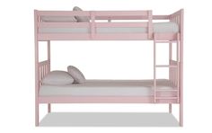 a pink bunk bed with white sheets and pillows on it's bottom bunk, against a white background