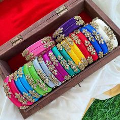 "Traditional Handmade Silk Thread Kundan Stone Studded Bangle Chuda Set Fashion Jewelry For Women Wedding Festive Party Wear Kada Set BANGLE SIZE - kids to adult size 1 5\", 2.0\" inches, 2.2\" inches  2.4\" Inches, 2.6\" Inches, 2.8\" Inches, 2.10\" Inches Weight - 125 gm  Material: Silk Thread Color: As Per Picture The Bangles are decorated with beautiful stone. It makes your look noble and adds your charming Package include Set Of Silk Thread Bangles Fantastic Hand Kada for weddings, proms, parties or other special occasions * Specially Made For Traditional Occasions. * Used For Hands, It Can Be Reused. * For Bridal bridesmaids." Diwali Party Bracelets With Zari Work, Zari Work Bracelets For Diwali Party, Zari Work Bangle For Diwali Party, Festive Multicolor Bracelets With Gota Work, Diwali Party Bangle With Zari Work, Festive Party Bangle With Zari Work, Diwali Celebration Bangle With Zari Work, Multicolor Zari Work Bangle, Festival Zari Work Bangle For Celebrations