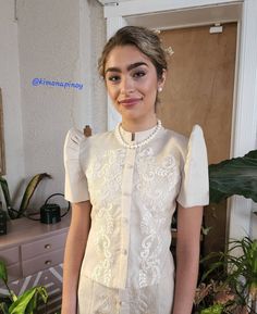 "Classic but modern filipiniana barong top only. It is made of pinya jusi/cocoon embroidered fabric. Piña Jusi Fabric-These hand-embroidered fabric is made out of Piña, an intricately hand-woven fabric from pineapple husks and also woven with Cocoon or Silk or Jusilyn. This fabric is commonly use to make \"barongs\" - a formal wear in the Philippines. Famous fabric from Lumban, Laguna Philippines. Embroidery design is fern-like floral, natural ivory color, very classic and traditional but with t Filipiniana Blouse And Pants, Filipiniana Embroidery, Modern Filipiniana Barong, Filipiniana Dress Modern Philippines, Modern Filipiniana Top, Filipino Costume, Filipiniana Top, Filipiniana Gown, Modern Filipiniana Gown