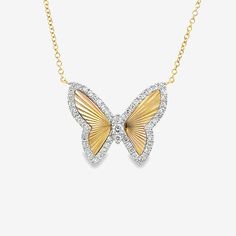 Fly into fashion with our fluted diamond Butterfly Collection necklace! Made of 14K yellow gold, this stunning piece features a delicate butterfly outline adorned with round brilliant cut diamonds. Flutter on over and add it to your collection today! Pair it with anything from our Butterflies Collection for an all-over charming look. Natural Diamonds: 0.25ctw 14K Yellow Gold Length: 18 Inches Diamond Butterfly Necklace, Butterfly Outline, Butterfly Collection, Delicate Butterfly, Diamond Butterfly, Into Fashion, Butterfly Necklace, Round Brilliant Cut Diamond, Brilliant Cut Diamond