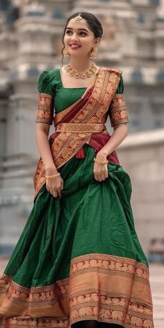 South Indian Gown Designs, Half Saree Patterns, Half Sari Blouse Designs, Dawani Designs, Lehenga Poses, Saree Function