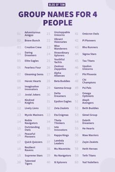 a purple and white poster with the names of people in each country's name