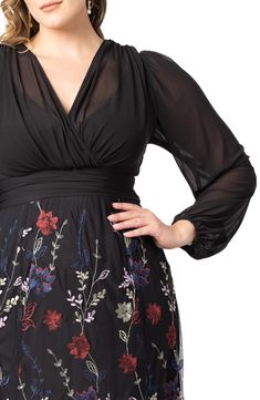 This floor-grazing gown gets color from delicately embroidered blooms all over the skirt and is topped by a soft mesh overlay with a cowl back detail. 63 1/2" length (size 2X) Surplice V-neck Long sleeves with elastic cuffs Partially lined 92% nylon, 8% spandex Dry clean Made in the USA of imported fabric Plus Size Evening Dress, Mesh Gown, Sleeve Gown, Long Sleeve Gown, Evening Dresses Plus Size, Enchanted Garden, Mesh Overlay, Weekend Wardrobe, Bride Dresses