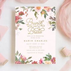 the bridal with the bride wedding card is surrounded by pink and gold confetti