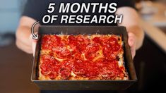 a person holding up a square pizza in front of the camera text reads 5 months of research