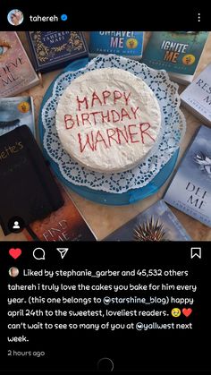 a birthday cake with the words happy birthday varner written on it, surrounded by books