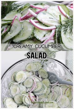 cucumber salad in a glass bowl with text overlay