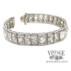 This sparkling vintage, circa 1900's, Edwardian diamond link bracelet is masterfully crafted in platinum. The bracelet contains ten large center diamonds, the center of which is an Old Mine Cut (OMC), flanked by the other nine larger Old European Cut (OEC) diamonds. The center OMC diamond is approx 1.35 carats and is an H color VS1 clarity. The two larger of the flanking diamonds are approximately 3/4 carats each, while the remaining 7 larger diamonds are approximately 1/4 carat each. Finally, e Art Deco Diamond, Link Bracelets, Diamond Bracelet, Diamond Jewelry, Diamond Cuts, Silver Bracelet, Platinum, Two By Two, Sparkle