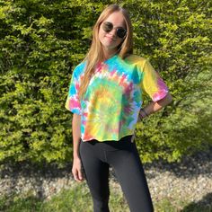 Tye Dye Cropped Tee - Size Medium But Model Is Super Skinny! Fits Most Sizes - Brand New Shirt Bought To Tye Dye - Diy Tye Dye But Looks Professional Summer Rainbow Crew Neck Top, Casual Tie Dye Crop Top, Multicolor Crew Neck Crop Top For Summer, Yellow Cotton Short Sleeve Crop Top, Yellow Cotton Crop Top With Short Sleeves, Colorful Summer Tops Short Sleeve, Colorful Short Sleeve Summer Tops, Yellow Short Sleeve Summer Crop Top, Summer Multicolor Crew Neck Top