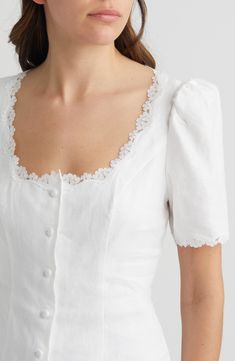 Princess seams shape a top of pure linen edged in scalloped lace and finished with fabric-covered buttons. 24" length Front button closure Sweetheart neck Short sleeves Partially lined 100% linen Machine wash, dry flat Imported