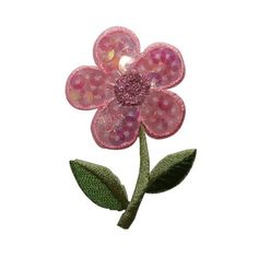 a pink flower with green leaves is shown on a white background in this image, it appears to be made out of plastic