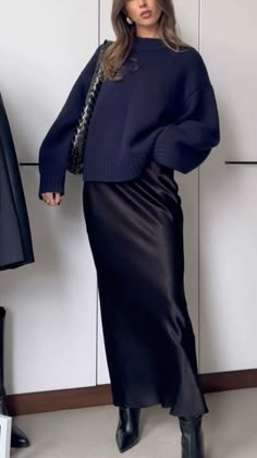 Fall Black Satin Skirt Outfit, Leather Skirt Outfit Long, Black Maxi Satin Skirt Outfit, Navy Skirt Outfit Winter, Navy Blue Satin Skirt Outfit, Long Black Satin Skirt Outfit, Blue Satin Skirt Outfit, Long Silk Skirt Outfit, Silk Maxi Skirt Outfit