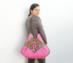 Vintage Embroidery and Leather Bag - Large Pink Boho Purse.  via Etsy. Traditional Handmade Pink Bags, Pink Rectangular Shoulder Bag With Handwork, Traditional Pink Tote Bag, Pink Bohemian Embroidered Shoulder Bag, Pink Embroidered Shoulder Bag, Bohemian Pink Embroidered Shoulder Bag, Pink Embroidered Bohemian Shoulder Bag, Traditional Pink Shoulder Bag With Handwork, Traditional Pink Bags For Daily Use