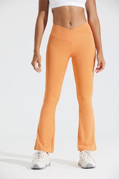 Flare Crossover Legging - LA7 ONLINE Activewear Orange / L Flare Sports Bottoms, Flare Leggings For Workout, Stretch Flare Yoga Pants For Gym, Flare Athleisure Yoga Pants For Sports, Flare Athleisure Yoga Pants, Flare Yoga Pants For Athleisure, Flared Athleisure Yoga Pants For Sports, Athleisure Flared Yoga Pants, Sporty Solid Flare Yoga Pants