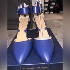 New, Adrienne Vittadini, Quarter Heel, Ankle Strap, Pointed Toe, Blue Fitted Blue Heels With Removable Insole, Fitted Blue Ankle Strap Heels, Adrienne Vittadini, Shoes Women Heels, Ankle Strap, Shoes Heels, Color Blue, Women Shoes, Heels