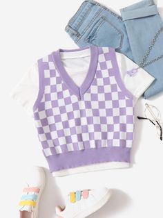 Purple Casual Collar Sleeveless Polyester Plaid Pullovers Embellished Medium Stretch  Girls Clothing Cute Clothes For 11-13, Sweater Dress For Kids, Cute Cardagins, Cute Simple Clothes, Clothes For 10-12, Purple Things To Buy, Cute Purple Clothes, Pastel Purple Clothes, Aesthetic Clothes Purple