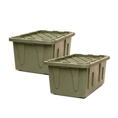 two green plastic storage containers sitting next to each other