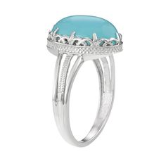 Featuring a lustrous blue chalcedony cabochon, this sterling silver oval fashion ring offers bold style. Click on this JEWELRY & WATCHES GUIDE to learn about fit, styles, materials and more!RING DETAILS Width: .61 in. Metal: sterling silver Plating: rhodium STONE DETAILS Stone type: blue chalcedony Total weight: 7 ct. Center stone size: 14 mm x 10 mm Shape: oval cabochon Setting: prong Gemstones may have been treated to enhance their appearance. Special care may be required. Please visit our Gem Right Hand Rings, Adventure Photography, Gem Ring, Cabochon Ring, Bold Style, Ring Blue, Fashion Ring, Blue Chalcedony, Oval Cabochon