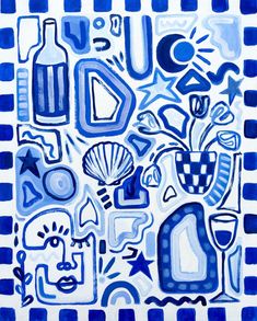 a blue and white painting with various items on it