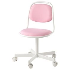 an office chair with wheels and a pink seat pad on the back of it, against a white background