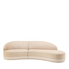 the curved couch is made out of fabric and has a white cushion on one end